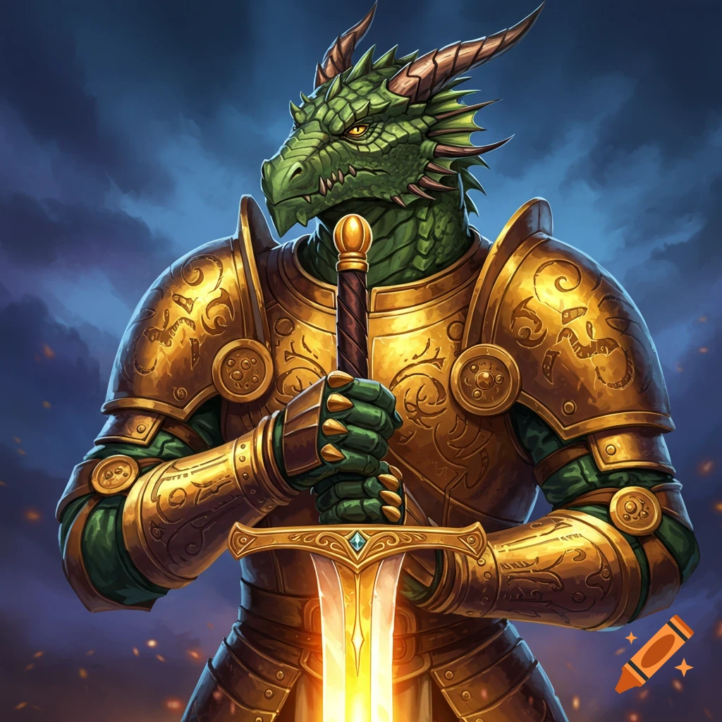 A green dragonborn knight in golden armor holds a glowing sword.