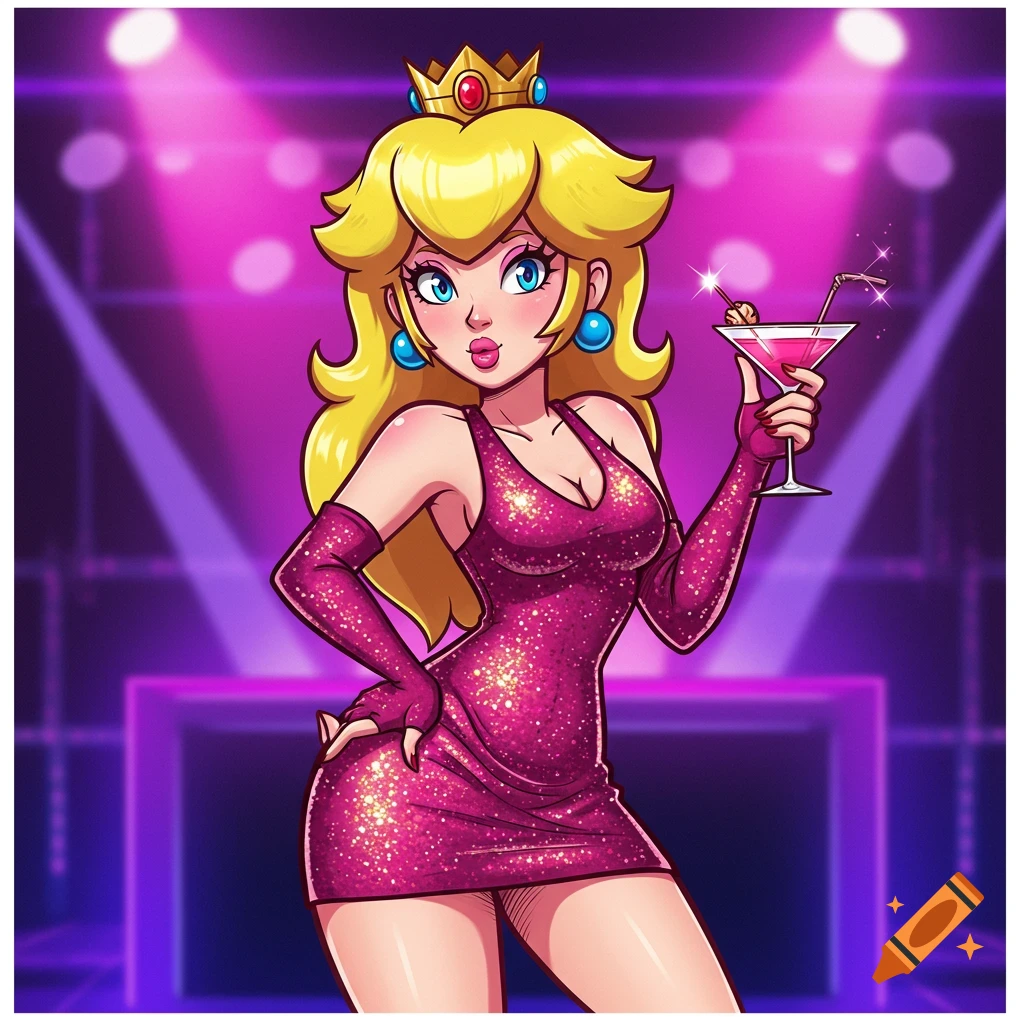 Cartoon illustration of Princess Peach in a sparkly pink dress holding a cocktail in a club.