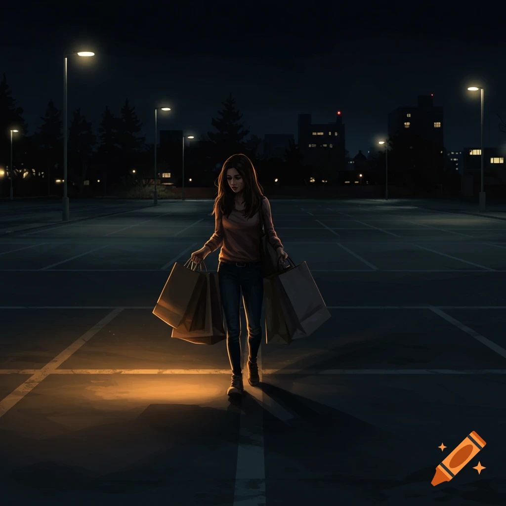 Woman with shopping bags walking in an empty parking lot at night.