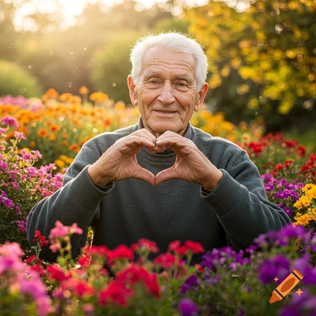 Old man makes a heart shape with his hands surrounded by colorful garden flowers at sunset.