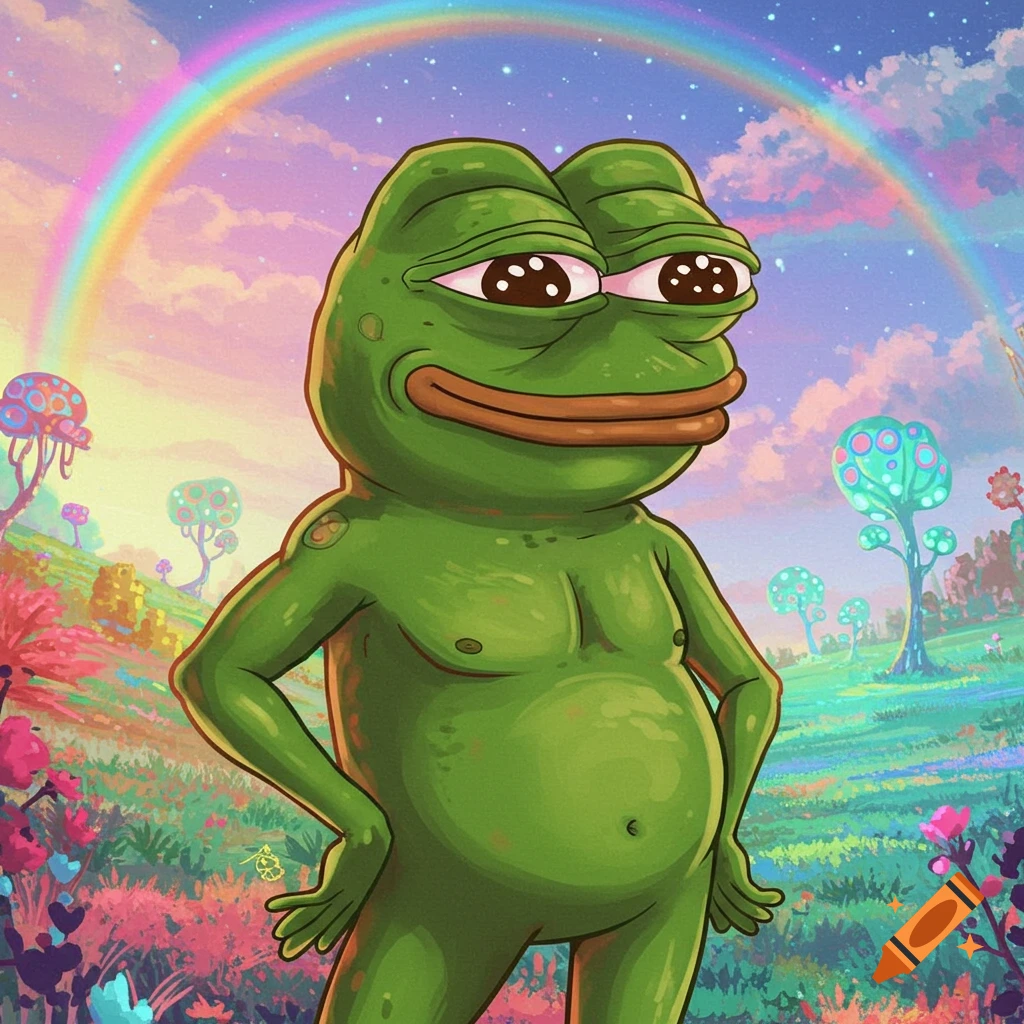 Pepe the Frog stands in a surreal landscape with a rainbow