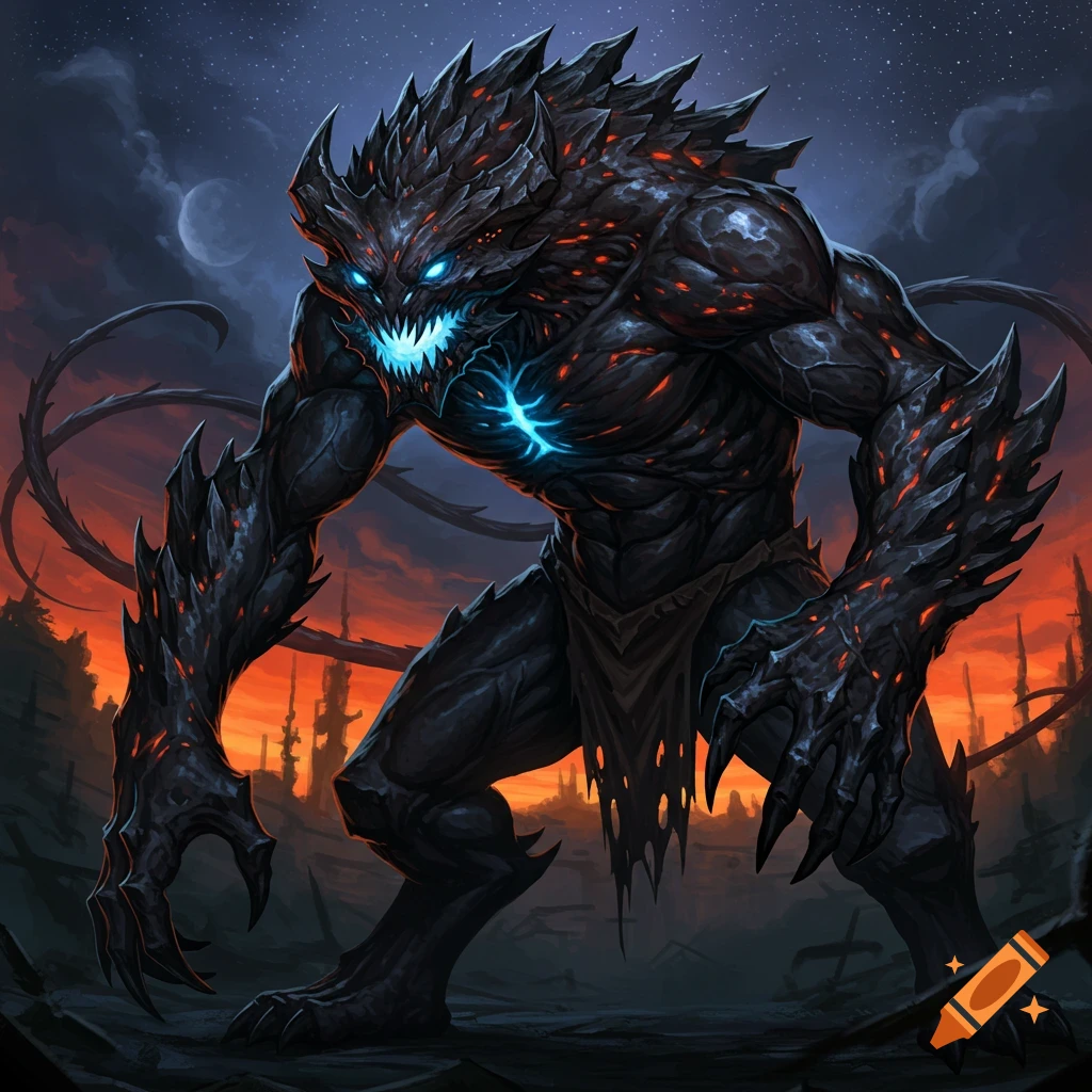 A large, dark fantasy monster with glowing blue eyes and chest stands in a ruined landscape under a dramatic sky.