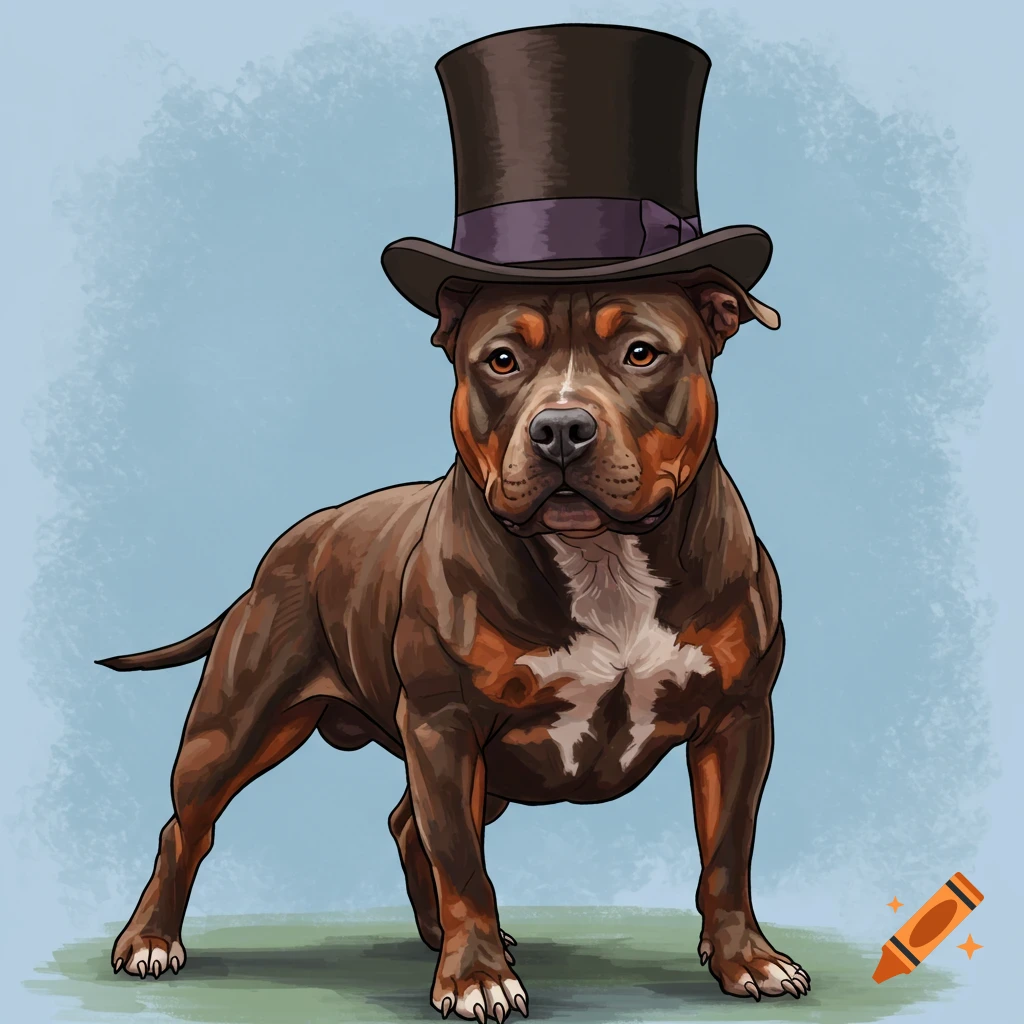 A pit bull dog wearing a tophat.