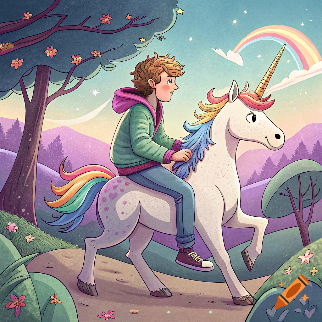 Illustration of a boy riding a unicorn through a colorful, magical landscape with a rainbow.