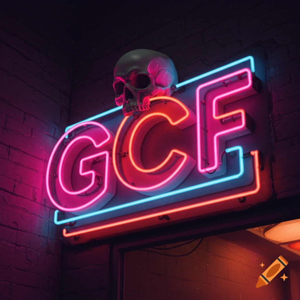 A neon sign spelling GCF with a skull on top, on a brick wall.