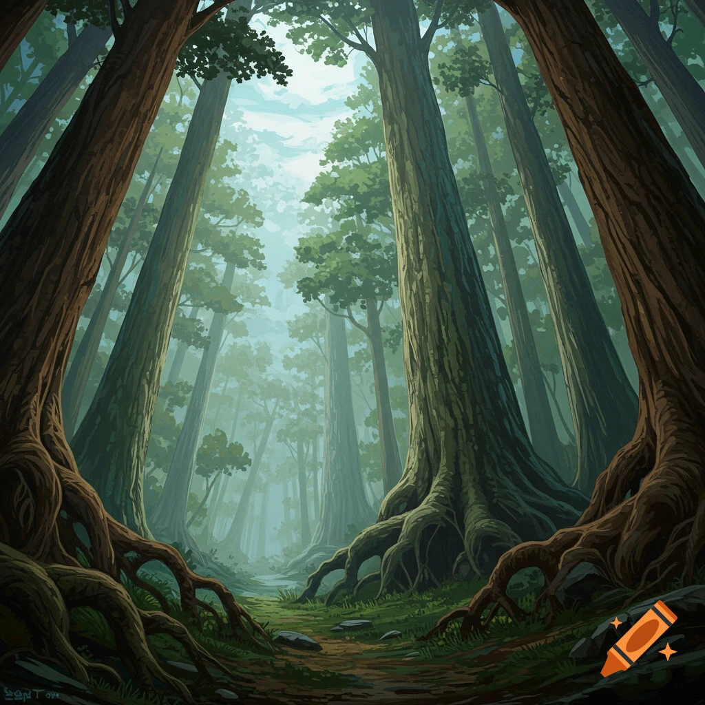 A misty forest looking up at tall trees with exposed roots.
