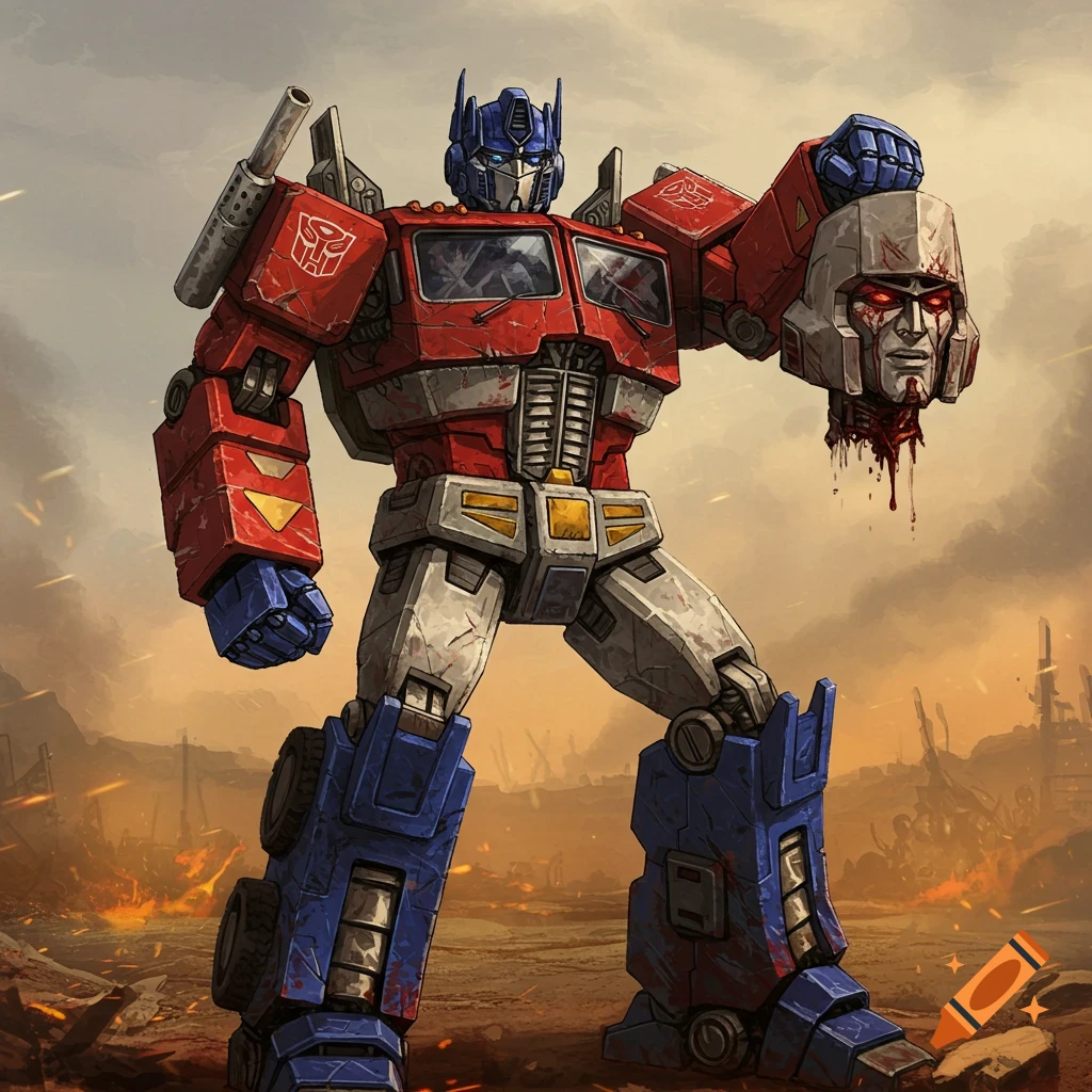 Optimus Prime stands in a ravaged landscape, holding the severed head of Megatron.