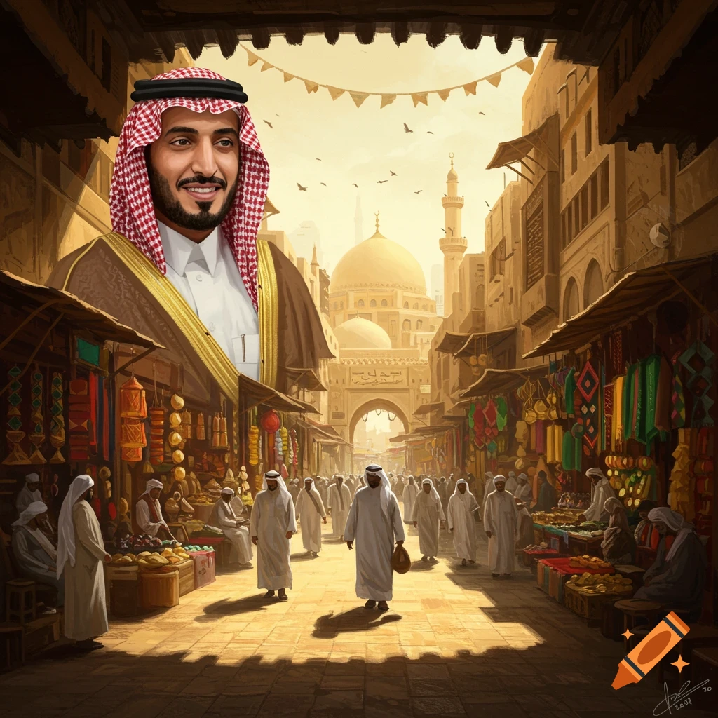 A man in Saudi attire is shown over a marketplace with a mosque in the background
