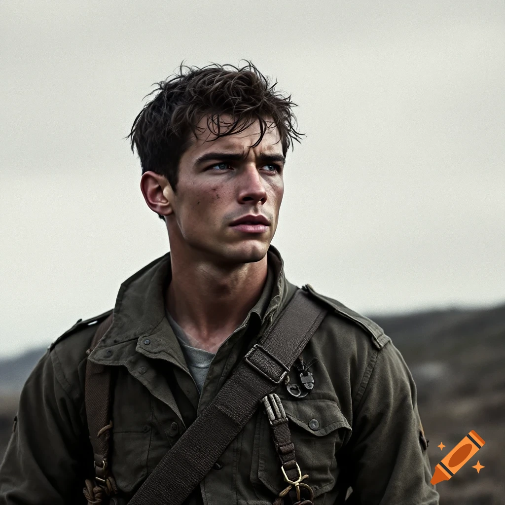 A rugged man in a military uniform looks away in a landscape.