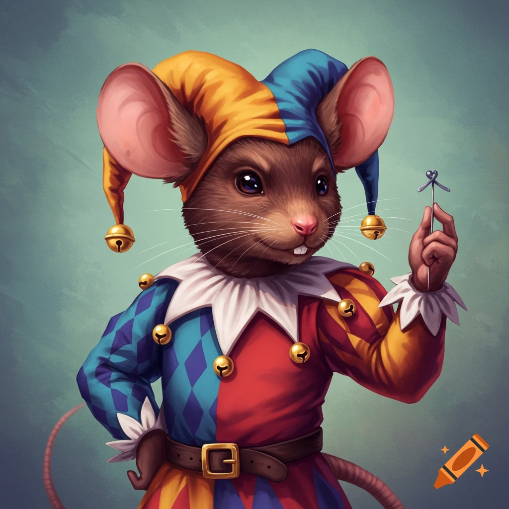 A confident mouse in a jester costume holds a pin like a sword.