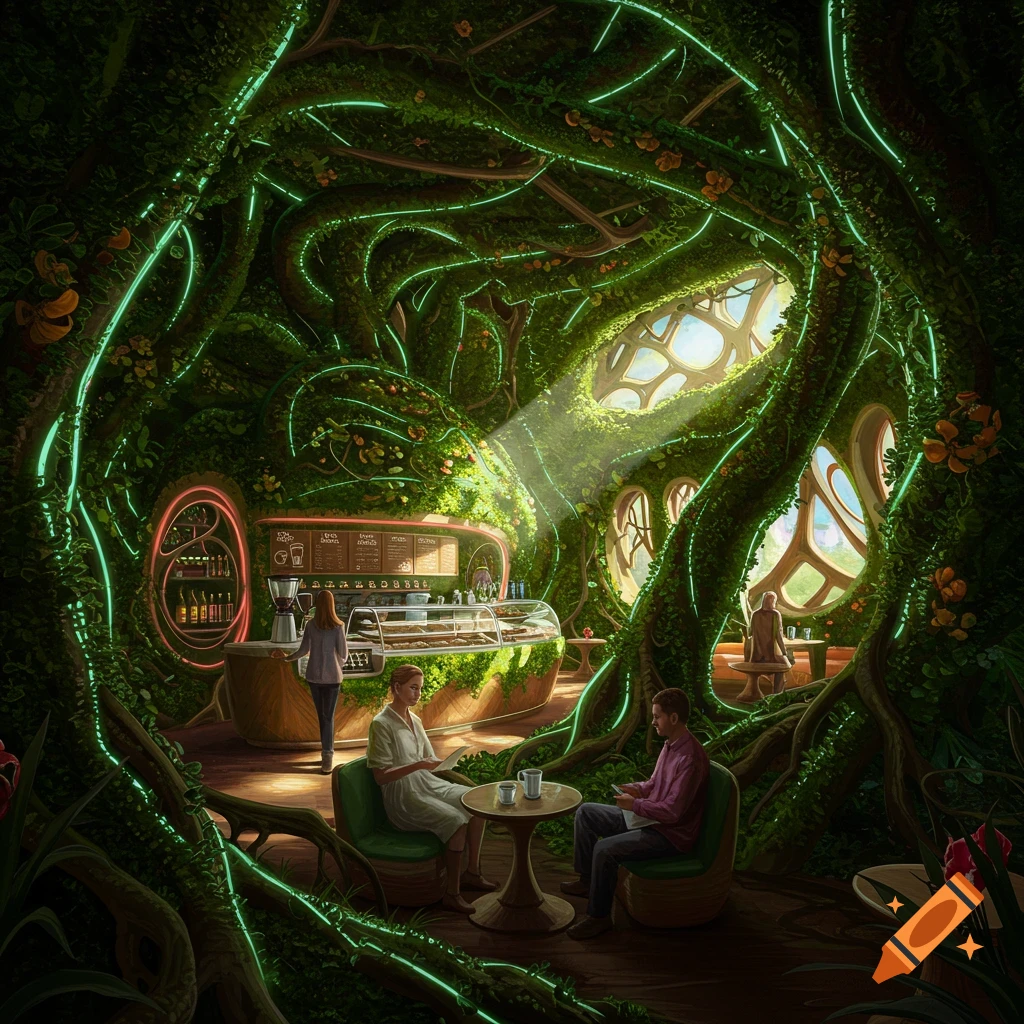 A futuristic, bio-inspired coffee shop featuring glowing vines, customers, and a counter.