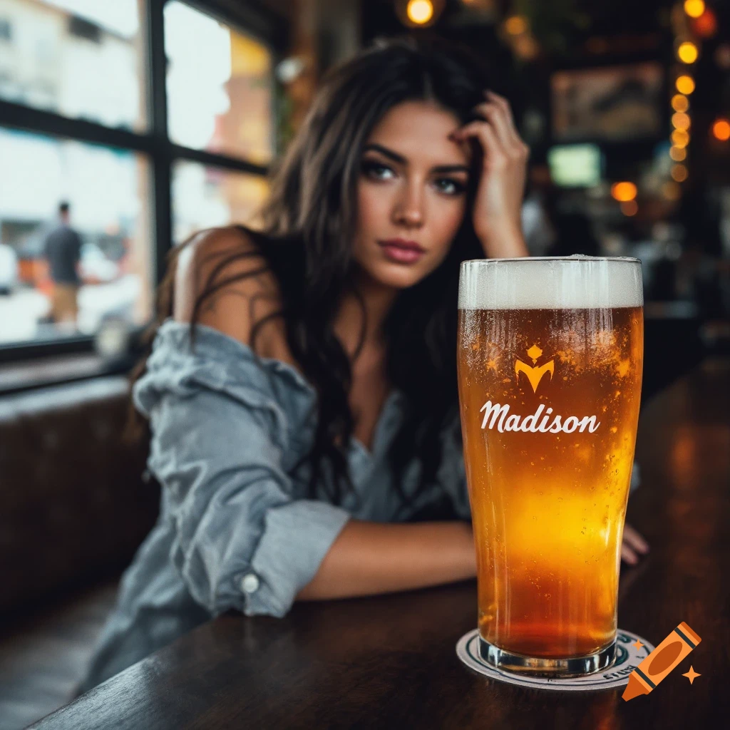 A woman sitting in a bar looking at a glass of beer.