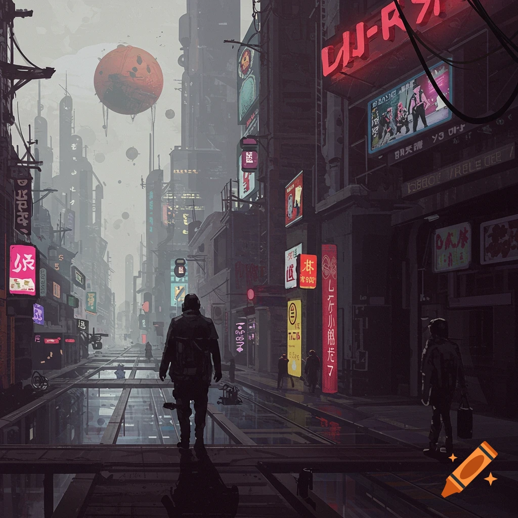 A lone figure walks down a rain-slicked street in a dark, futuristic city lit by neon signs under a large orange sphere in the sky.