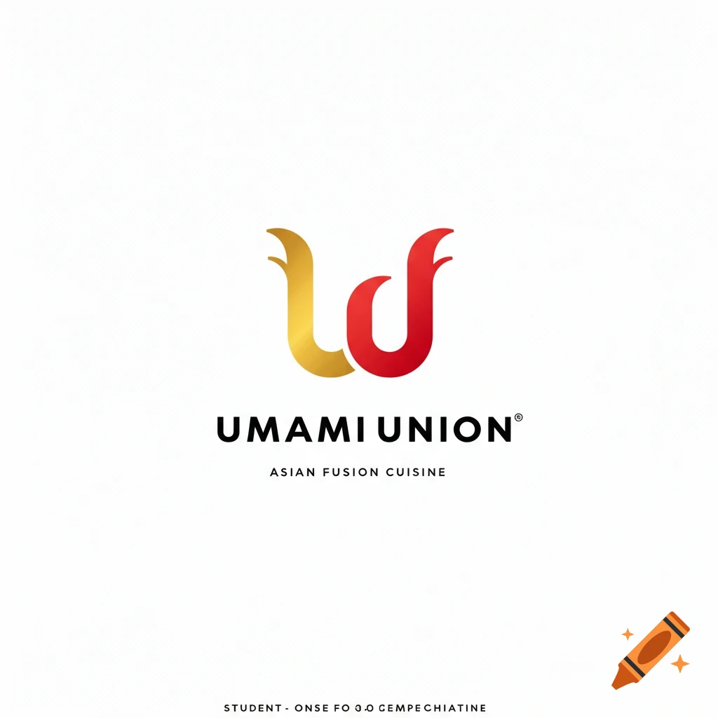 A logo with abstract gold and red shapes above the text UMAMI UNION and ASIAN FUSION CUISINE on a white background.
