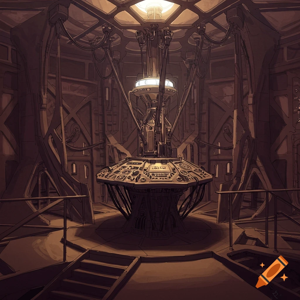 Interior of a sci-fi control room with a central console, rendered in a dramatic German Expressionist style.