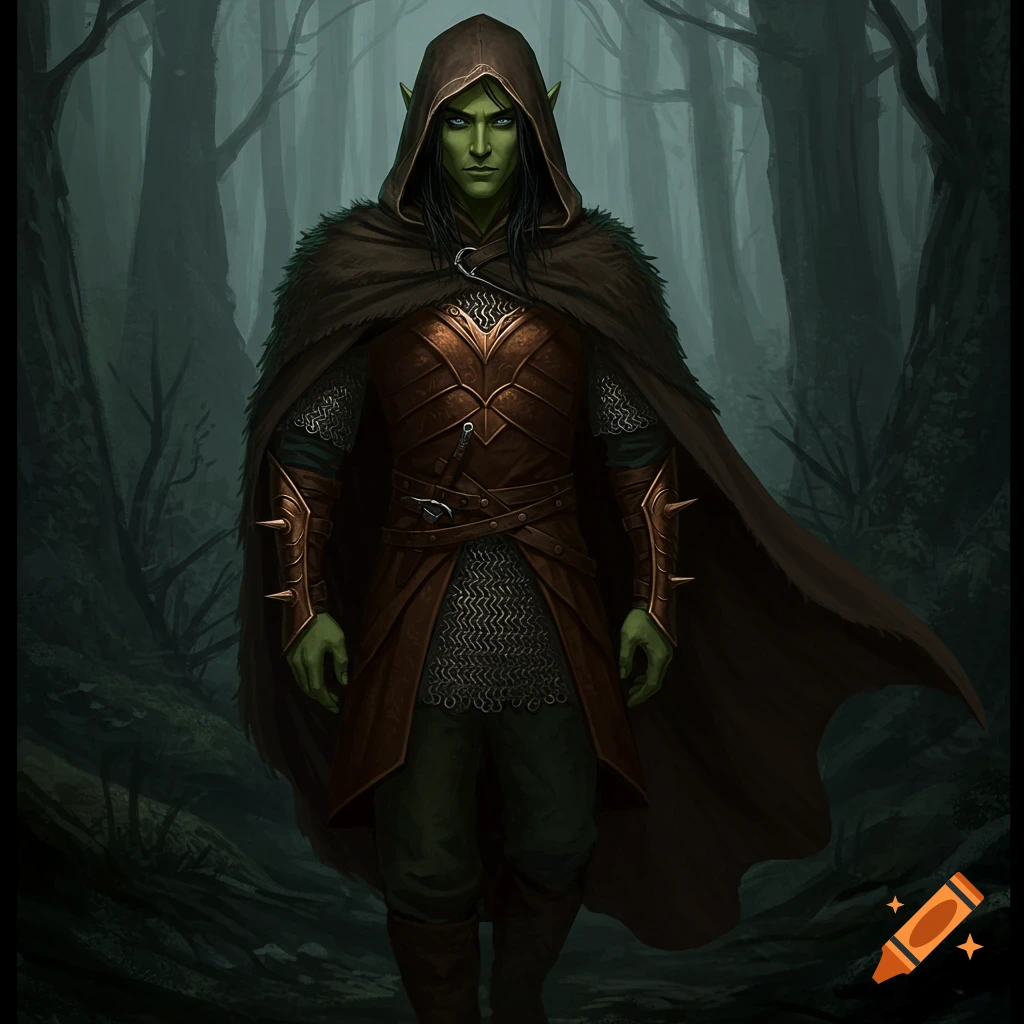 An olive-skinned elf in armor and hood walks through a dark forest.