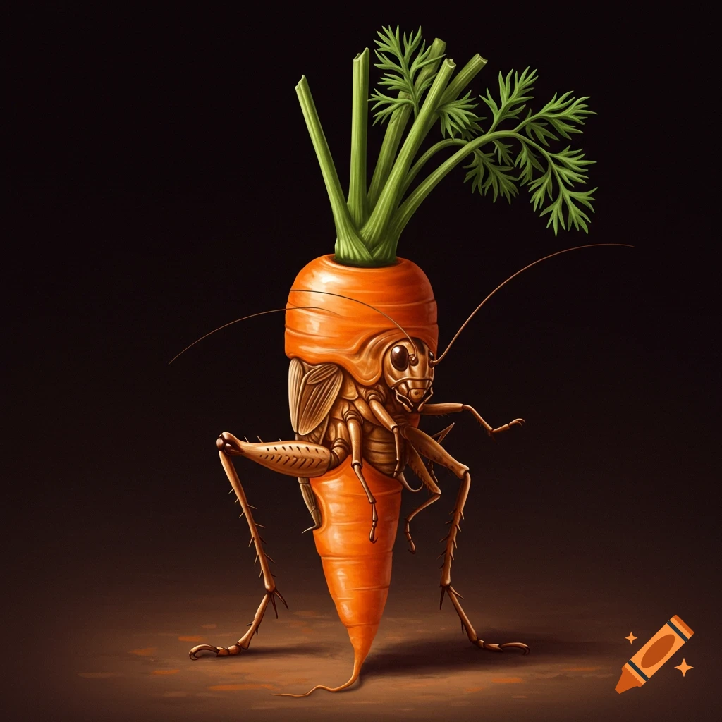 A creature blended from a carrot and a cricket standing upright.