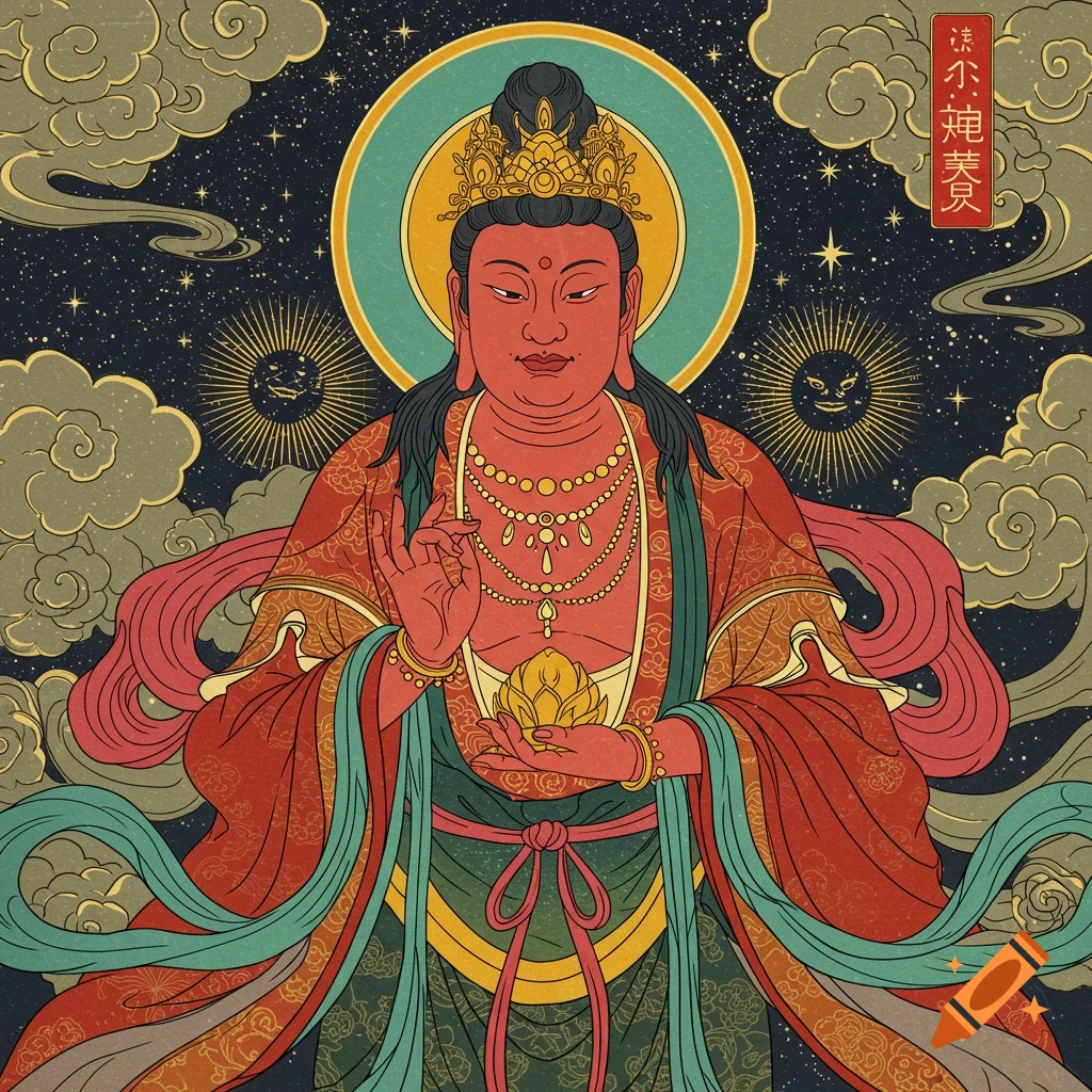 A deity figure in ornate robes and crown holds a lotus against a starry sky with clouds.