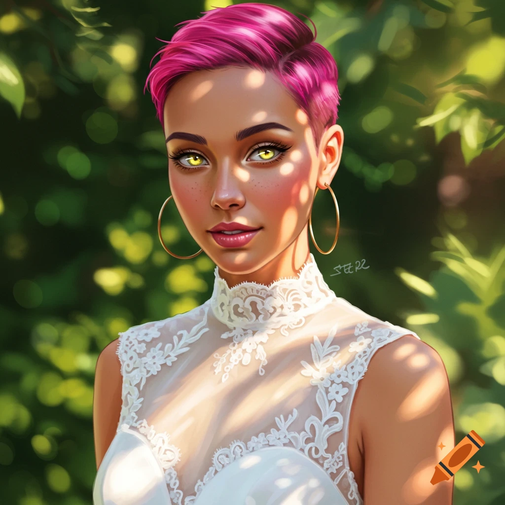 A woman with pink hair and yellow eyes wearing a lace white dress.