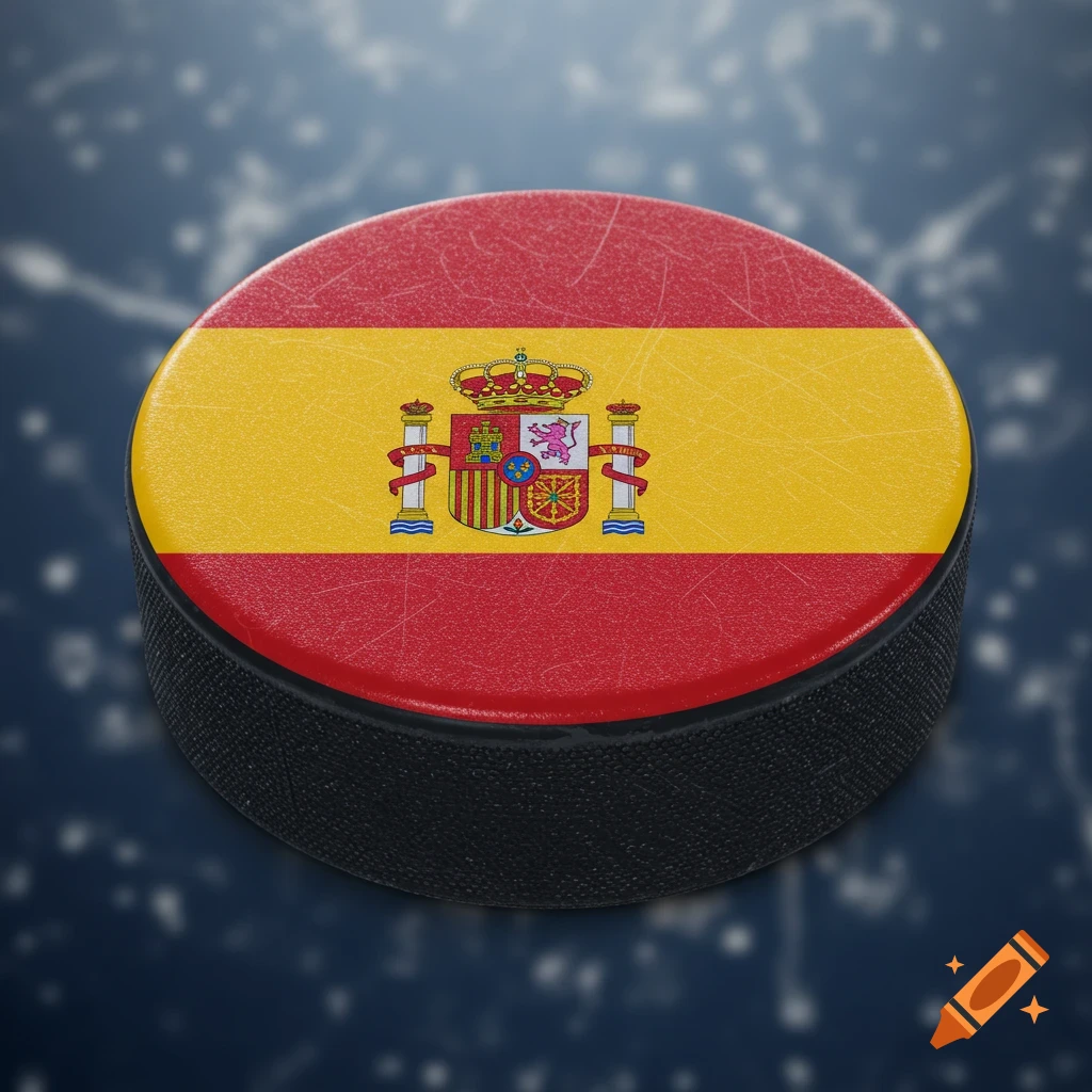 Close-up of a hockey puck with the Spanish flag on its surface.