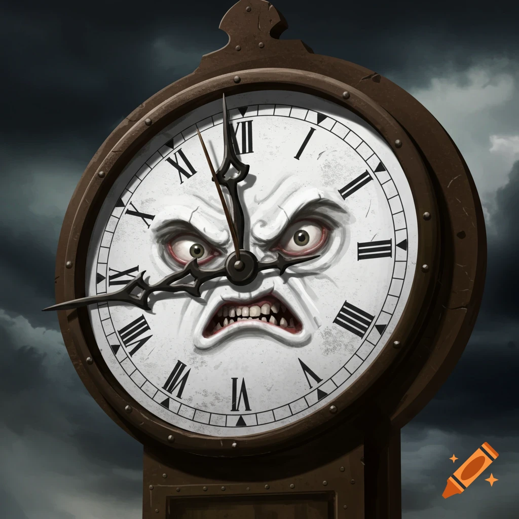 An old clock face with an angry, distorted face against a dark, stormy sky.