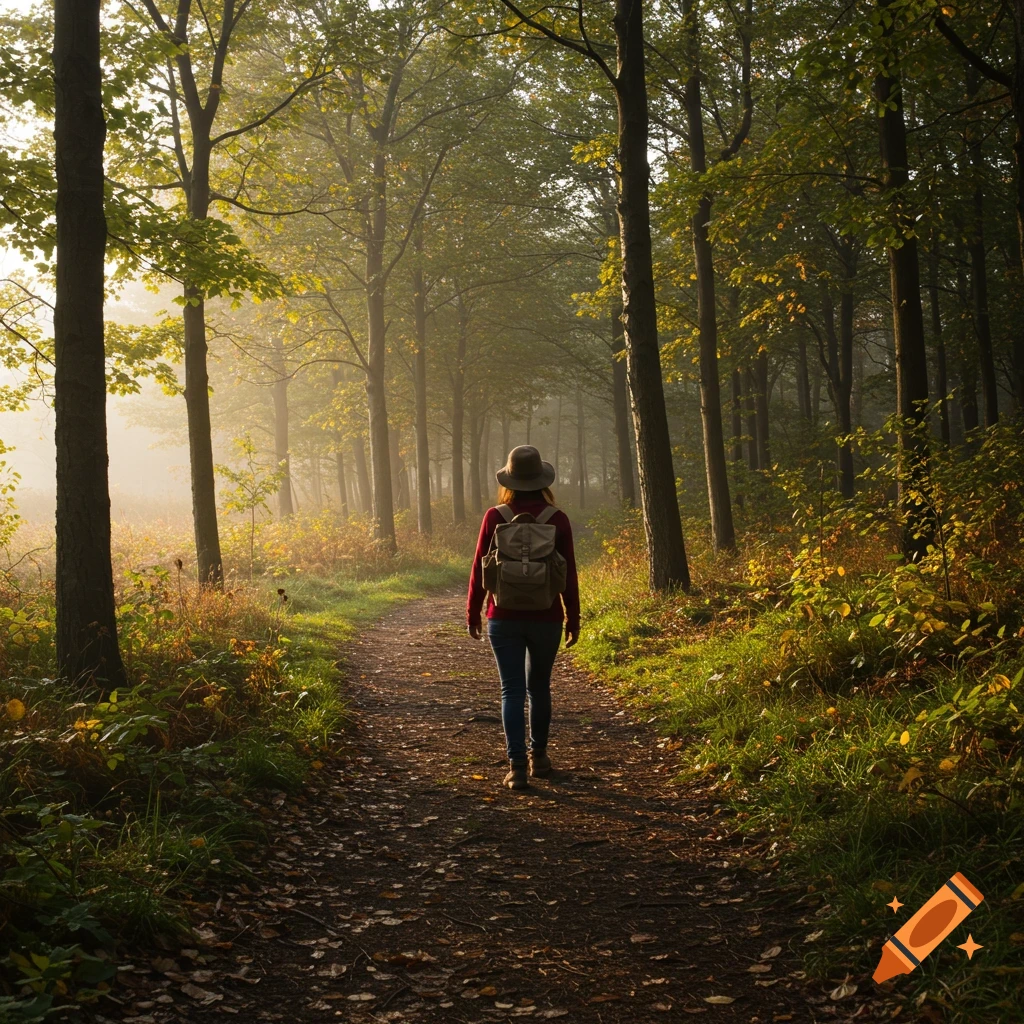 A person with a backpack walks down a path through a sunlit forest.