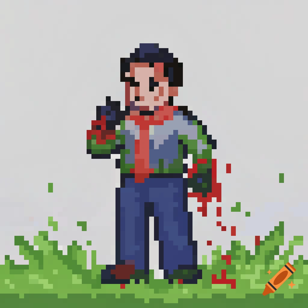 Pixel art image of a person with stylized blood and gore.