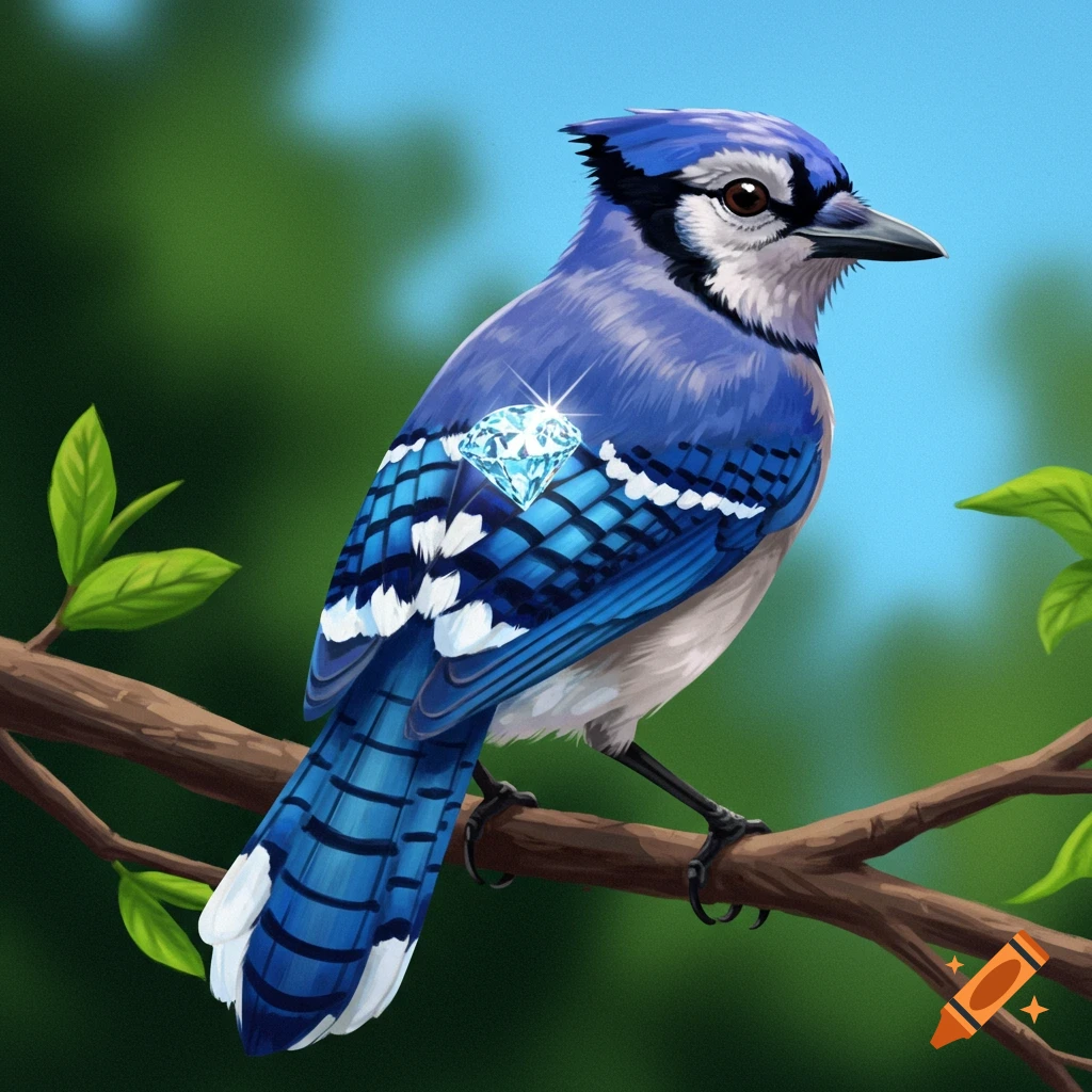 A blue jay with a diamond on its back, perched on a branch.