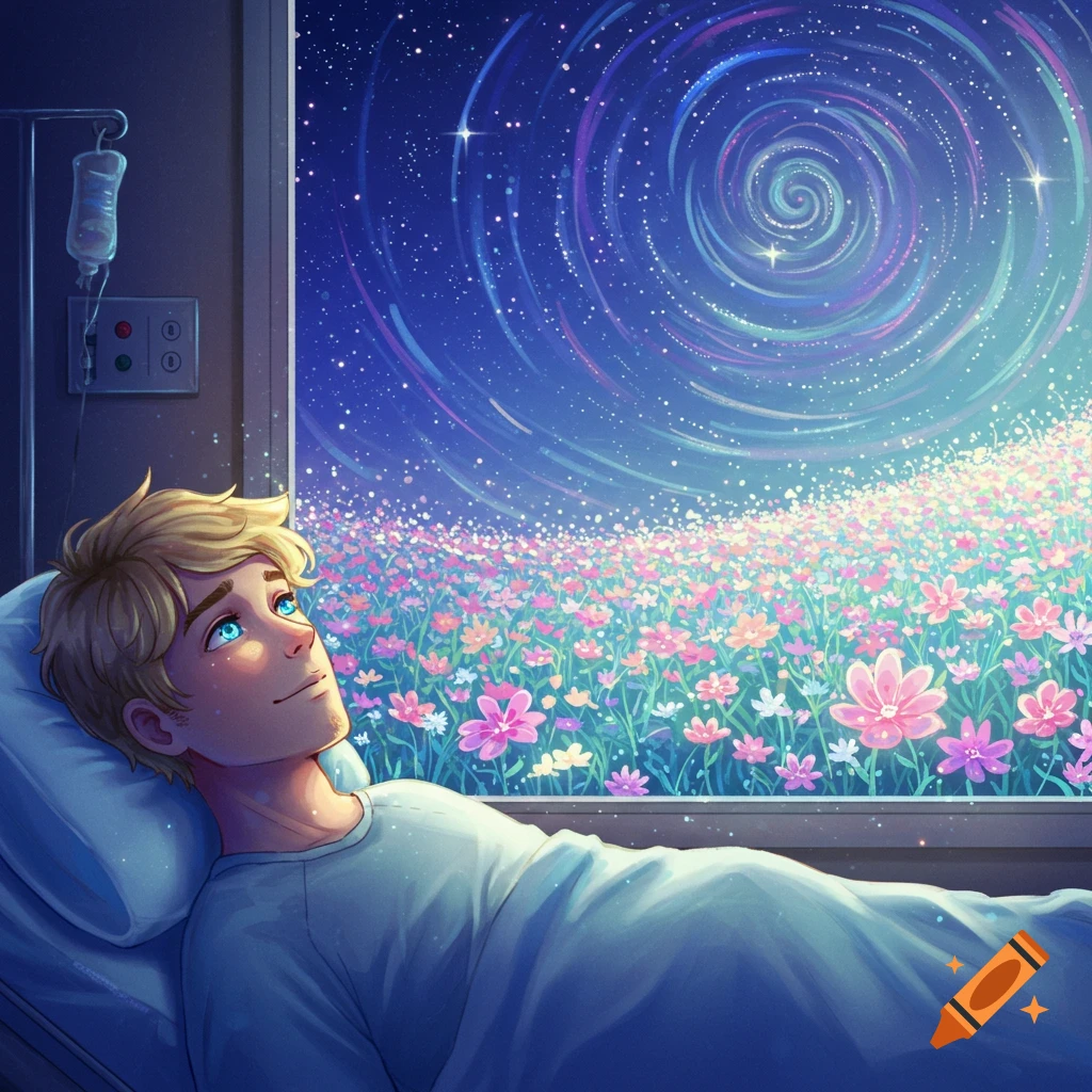 Person in hospital bed looking out window at a field of flowers and starry spiral sky.
