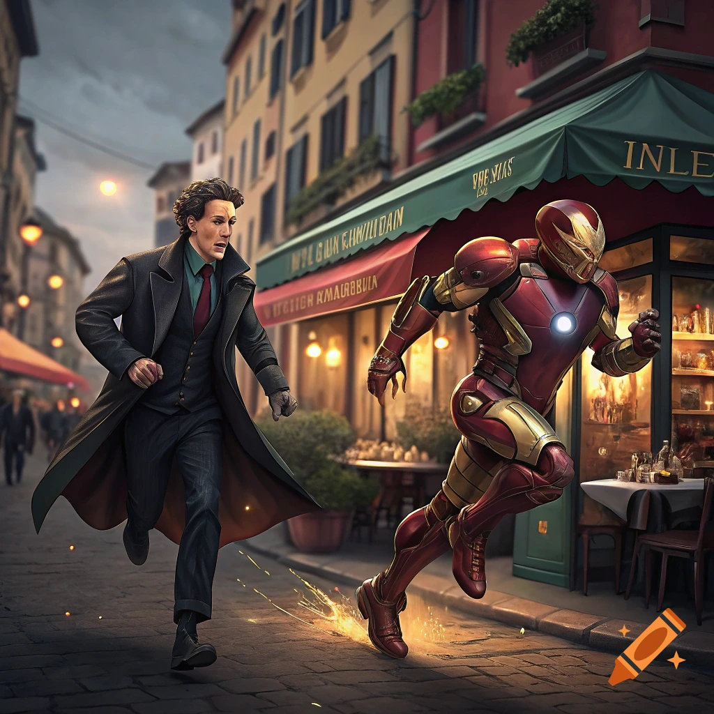 A man in a suit runs away from Iron Man on a cobblestone street past a restaurant.