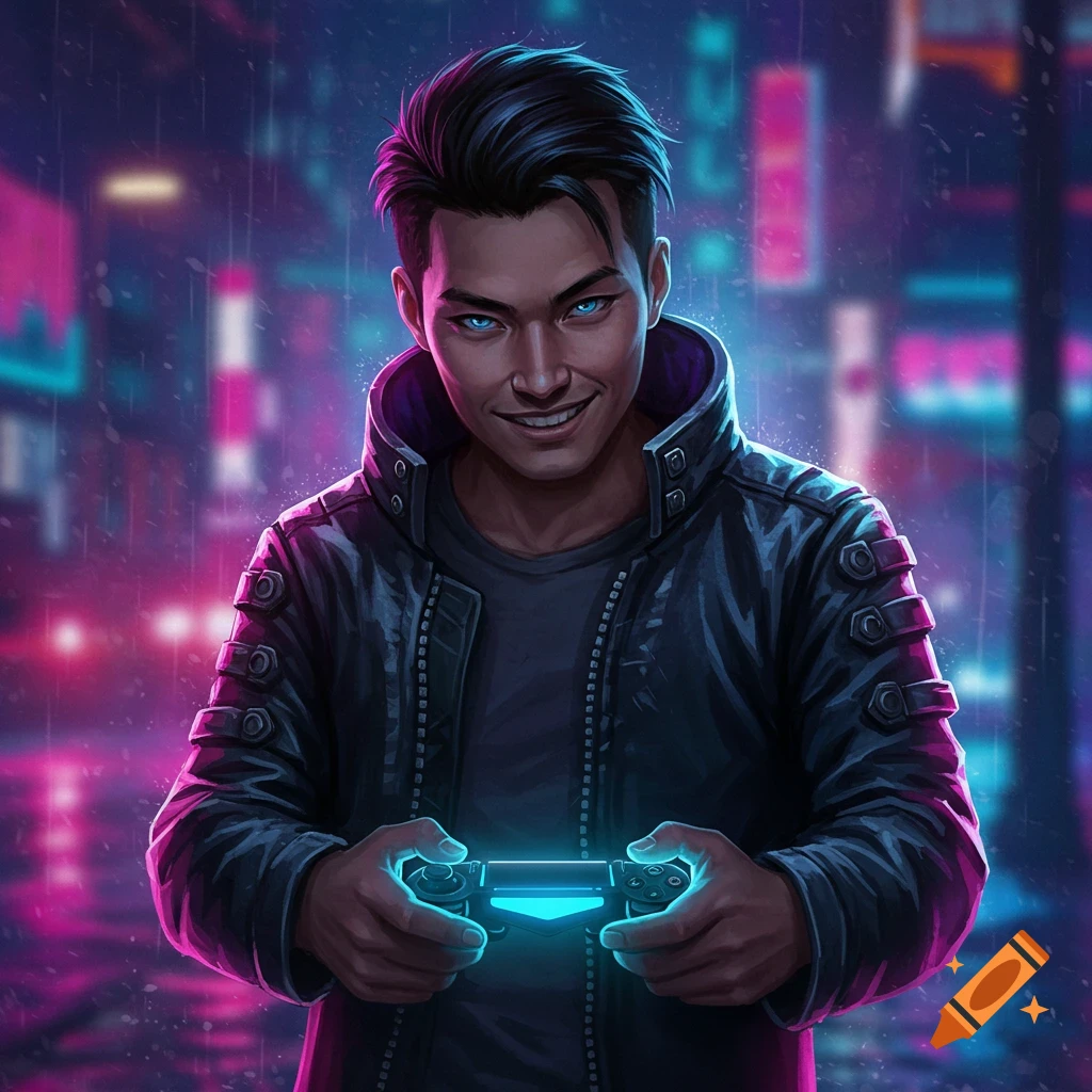 A young man with glowing eyes holds a game controller in a neon cyberpunk city.