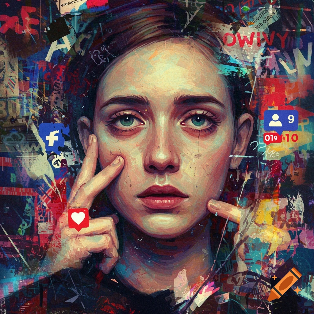 Stylized portrait of a person surrounded by social media icons and abstract text, in a collage style.