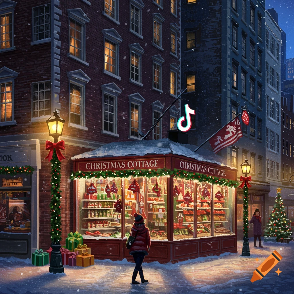 A Christmas shop in a snowy city street with a large TikTok logo above it.