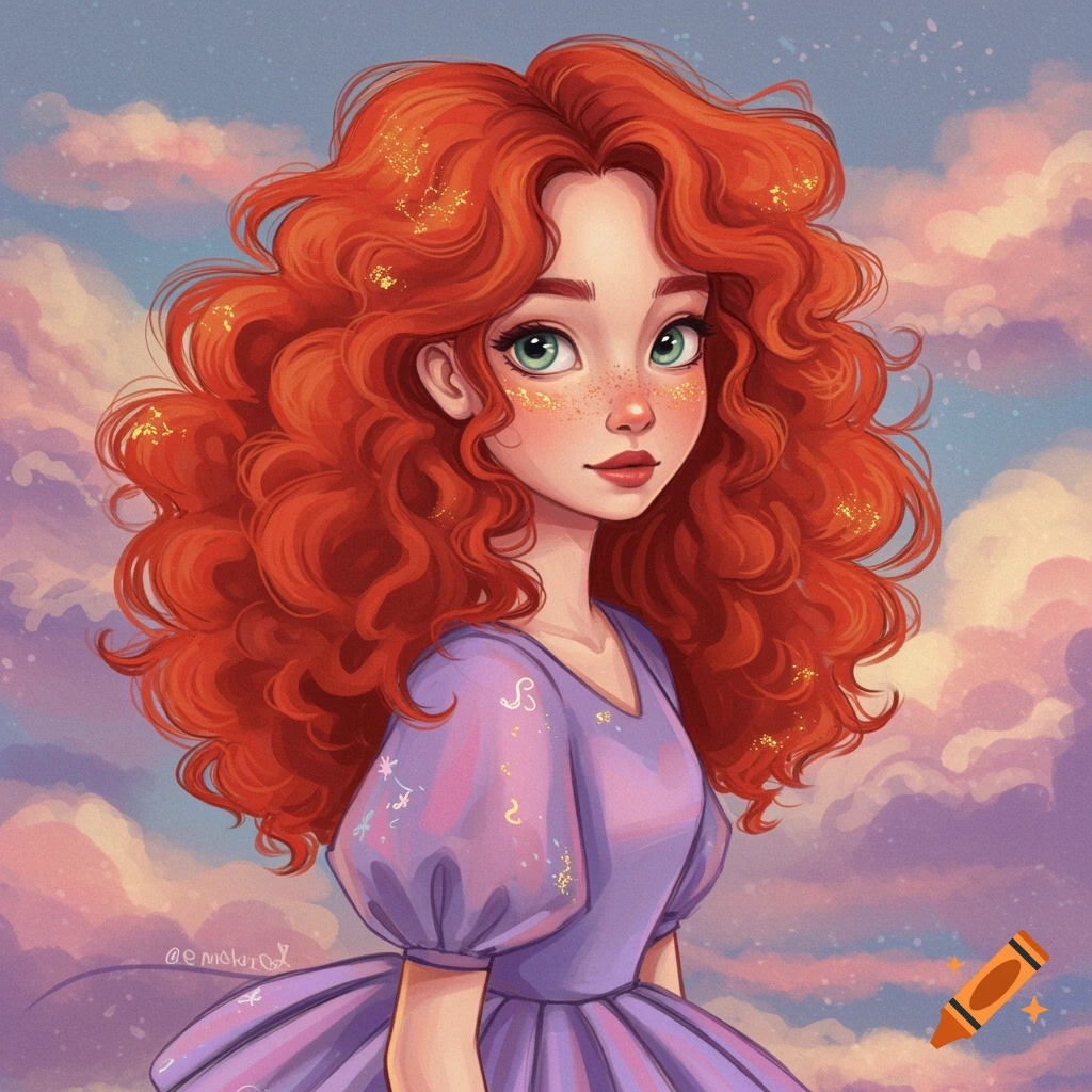 A girl with red curly hair in a purple dress stands against a cloudy sky.