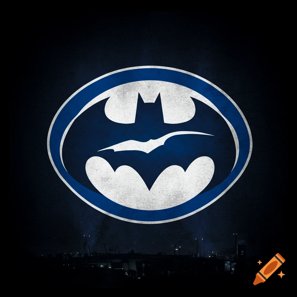 Stylized Batman logo in white and blue over a dark, blurry cityscape background.