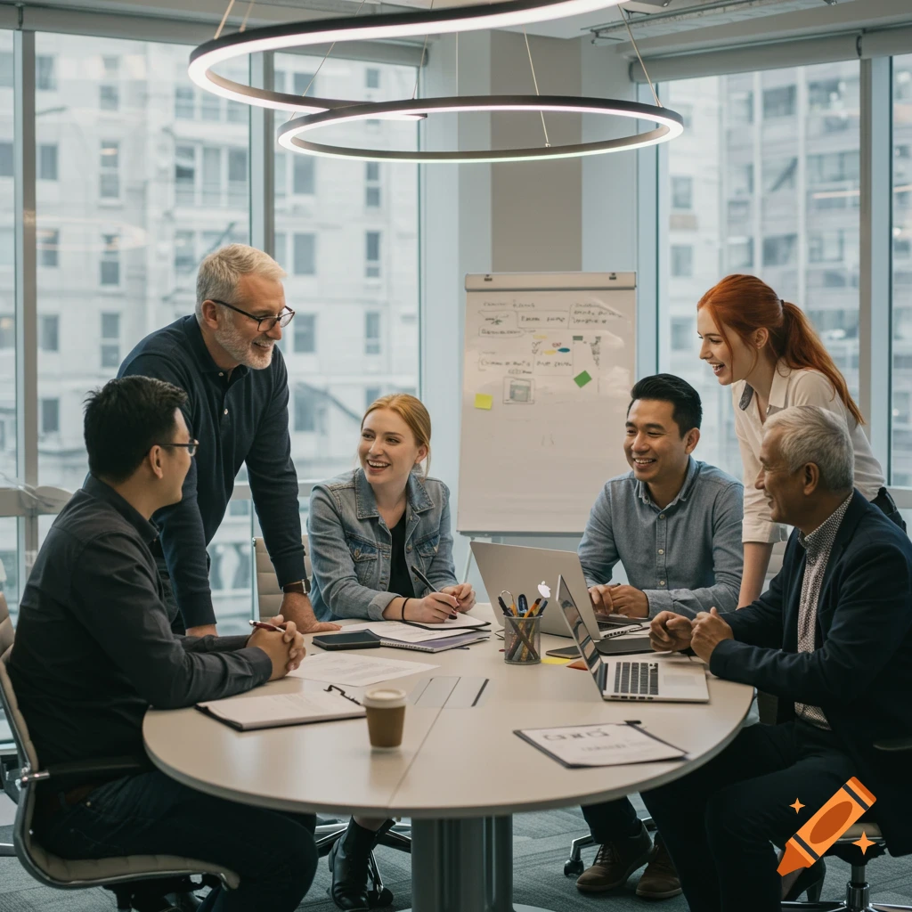 Diverse group of software consultants in a modern office meeting room, gathered around a table.