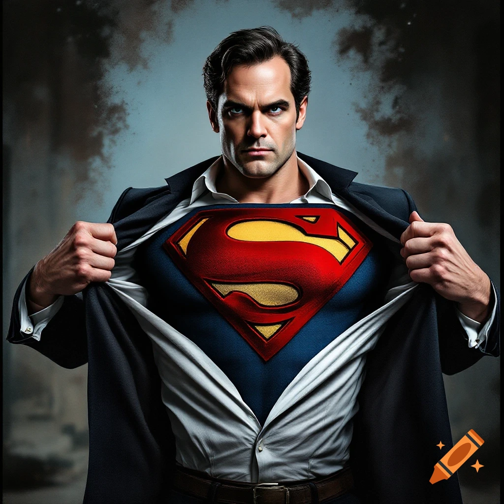 Man revealing a Superman suit under his business shirt. Photorealistic.