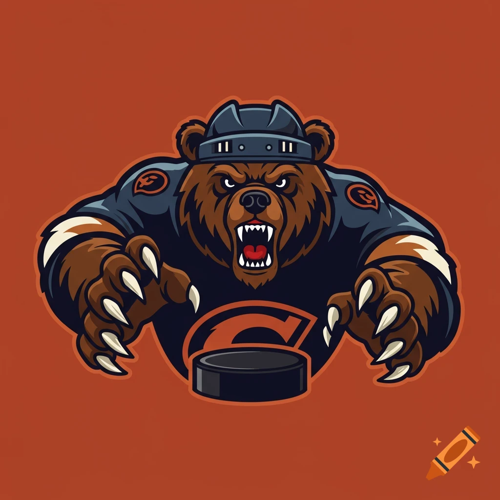 Cartoon bear hockey mascot logo with sharp teeth and claws holding a puck