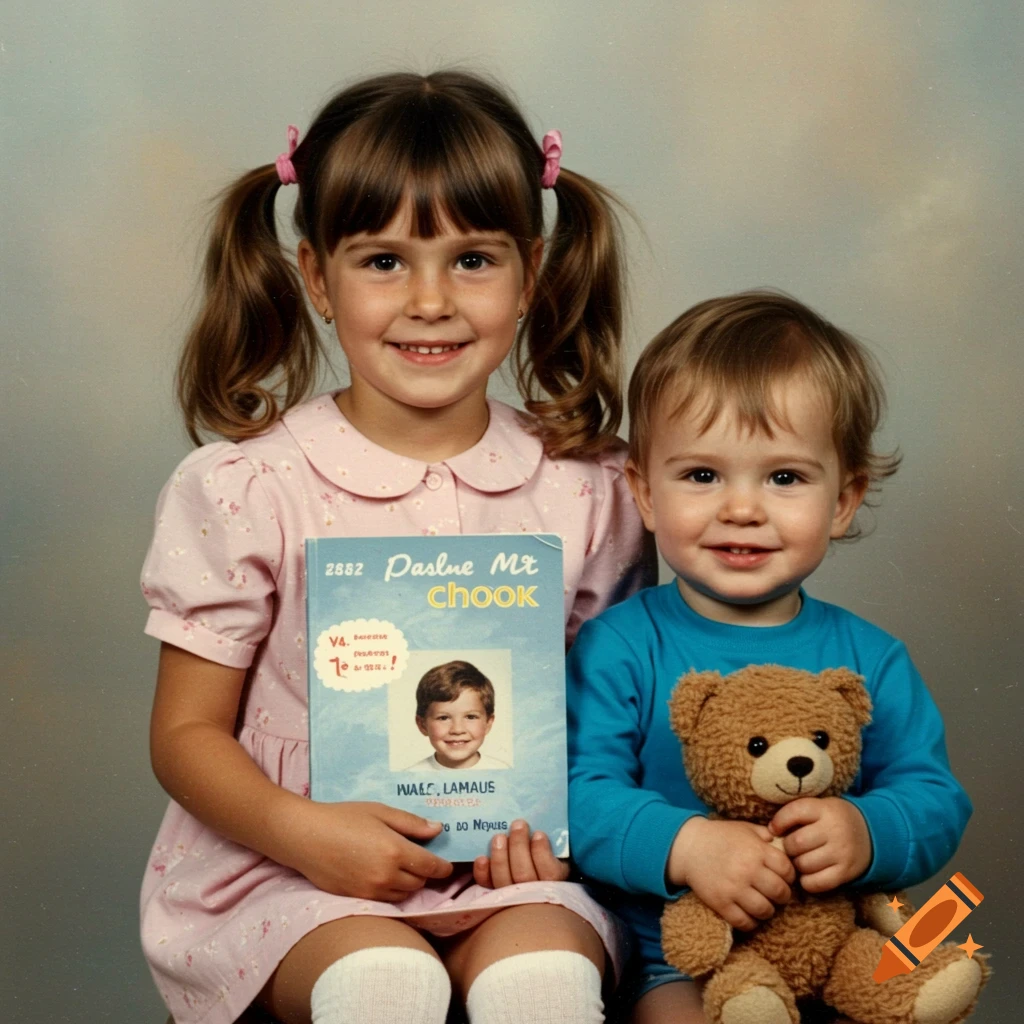 90s school yearbook photo of a French girl with her toddler brother on ...
