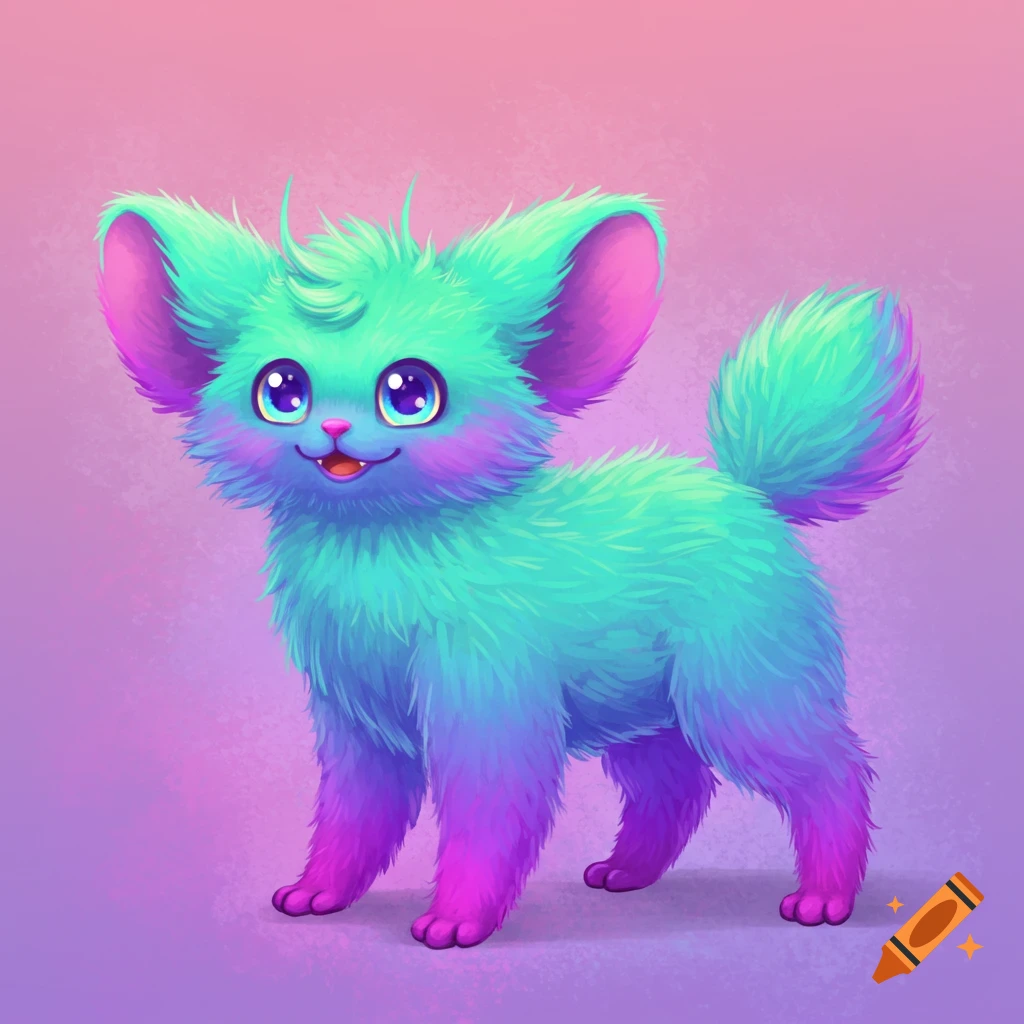 A fluffy creature with electric teal and purple fur and large, bright eyes.