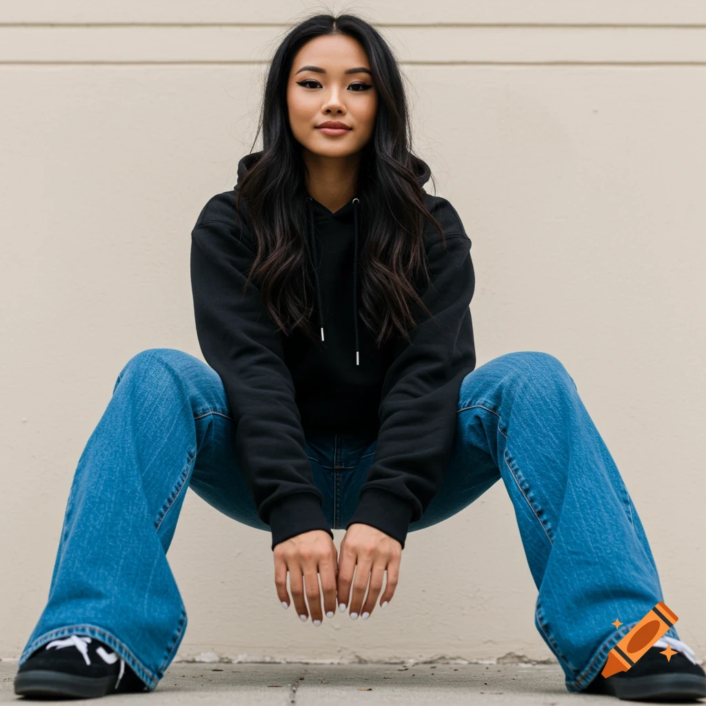Woman in black hoodie and flared jeans squatting outdoors.