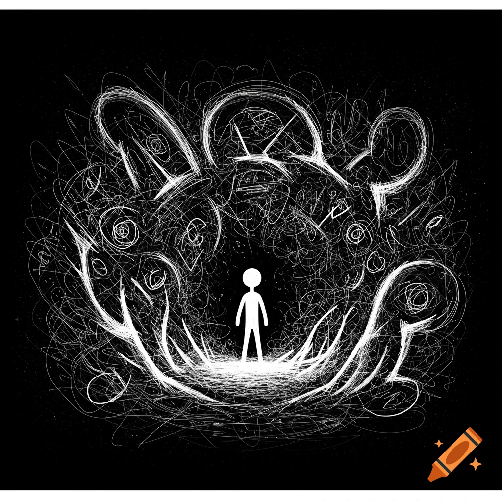 Minimalist black and white illustration of a stick figure surrounded by chaotic lines.