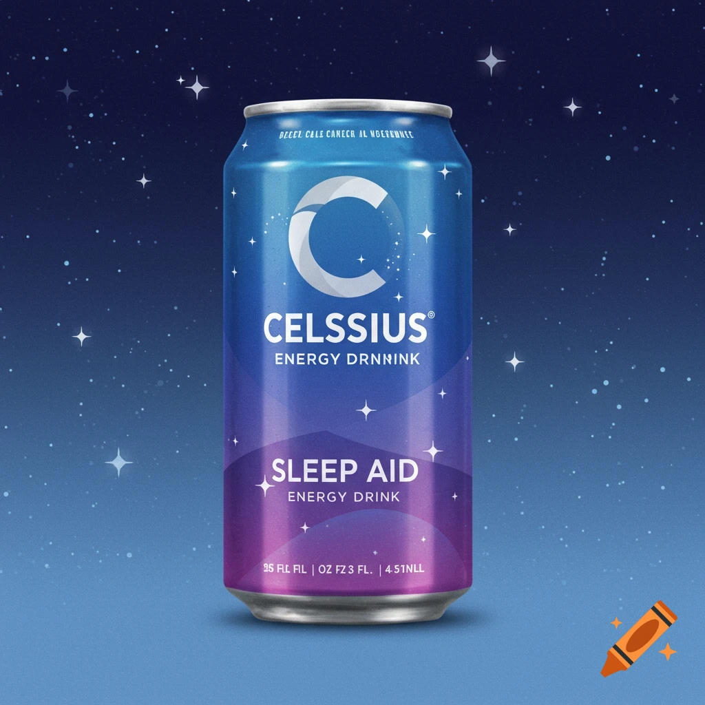 A blue and purple energy drink can with a large 'C', stars, and constellations in the background.