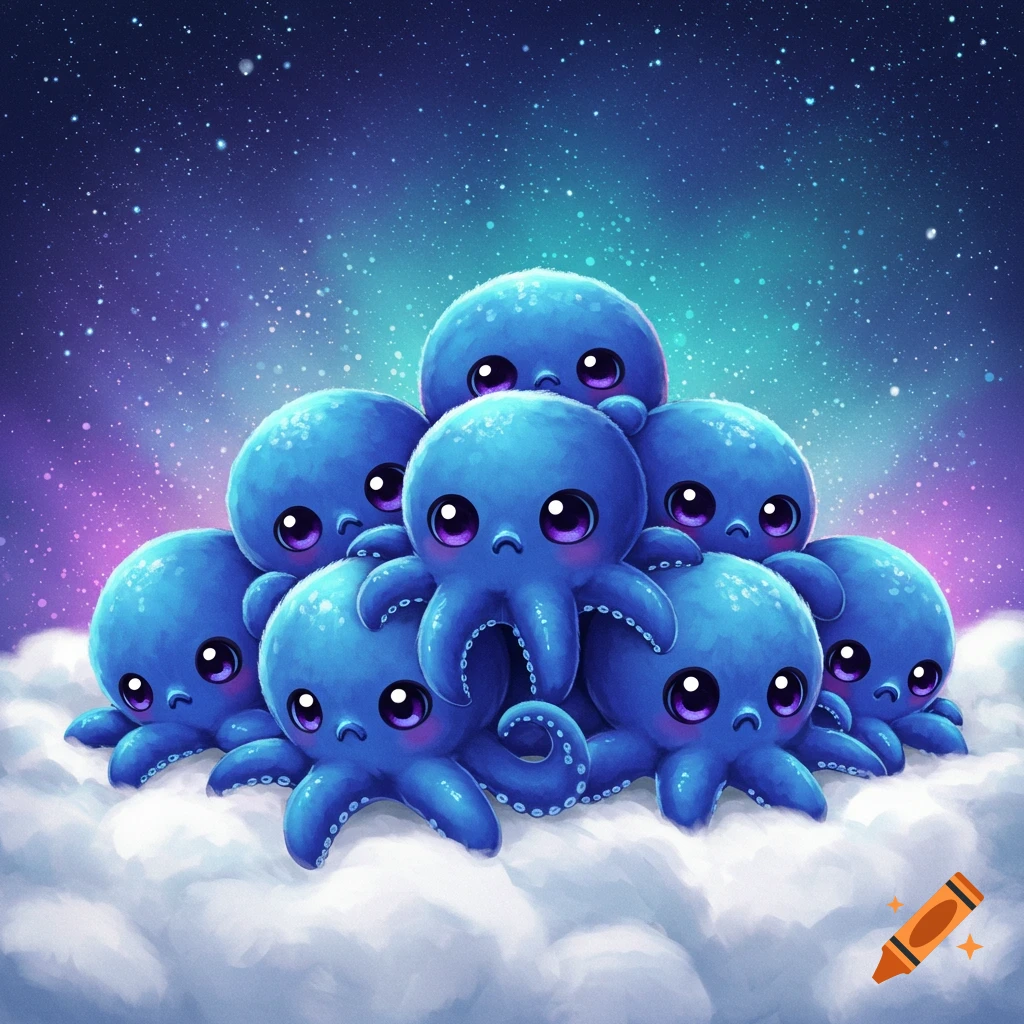 Several cute blue cartoon octopuses sitting on clouds under a starry, purple sky.