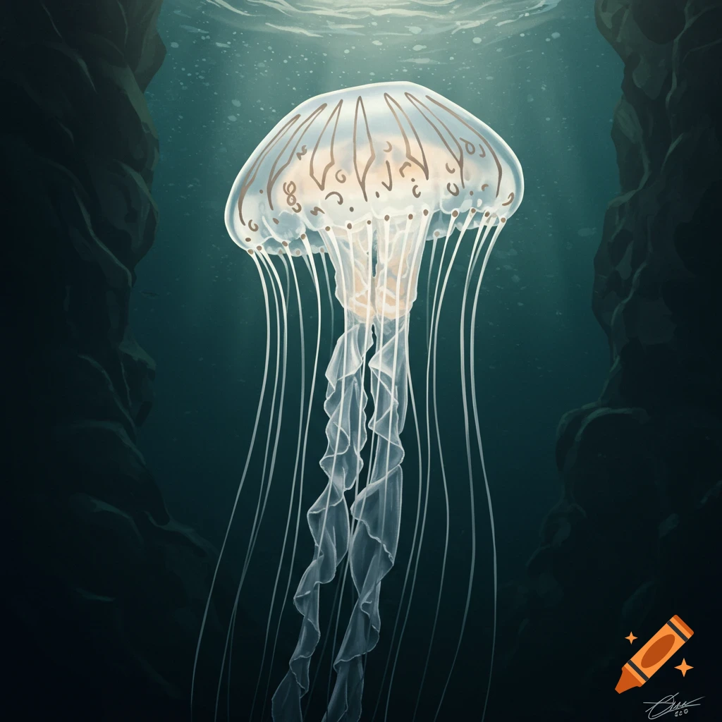 A translucent jellyfish swims in a dark underwater cave.