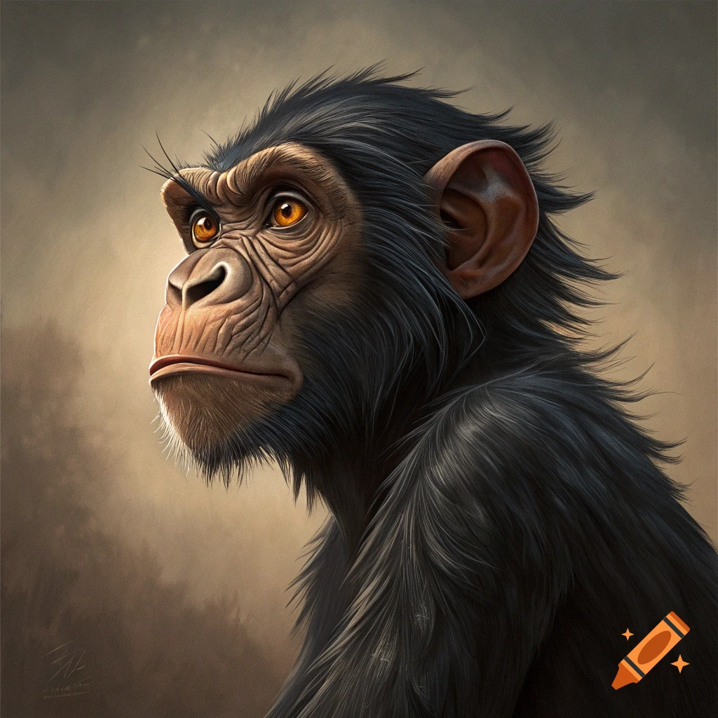 Close-up portrait of a chimpanzee with intense orange eyes