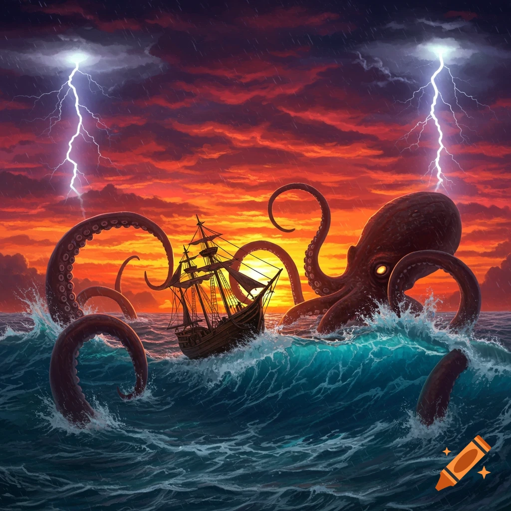 A giant kraken attacks a sailing ship in a stormy ocean at sunset with lightning.