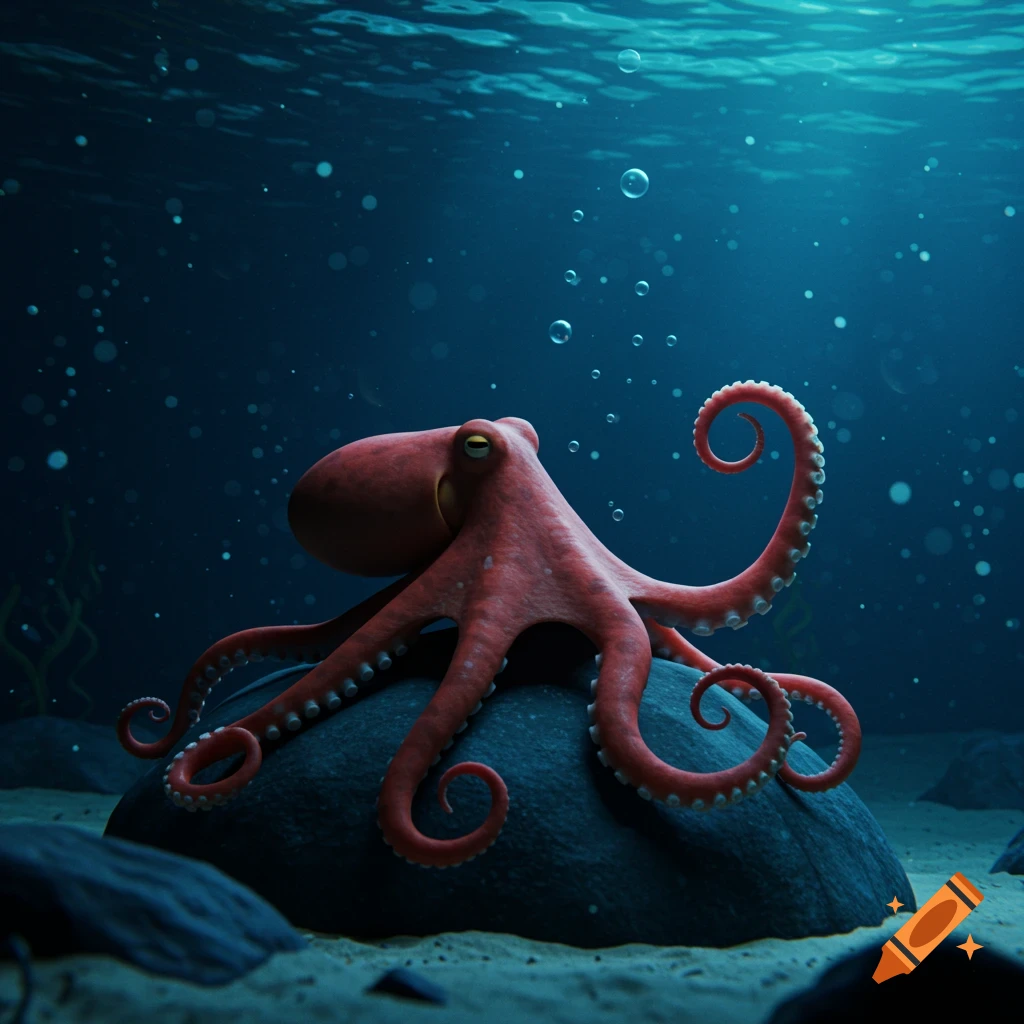 A stylized red octopus sits on a rock on the ocean floor.