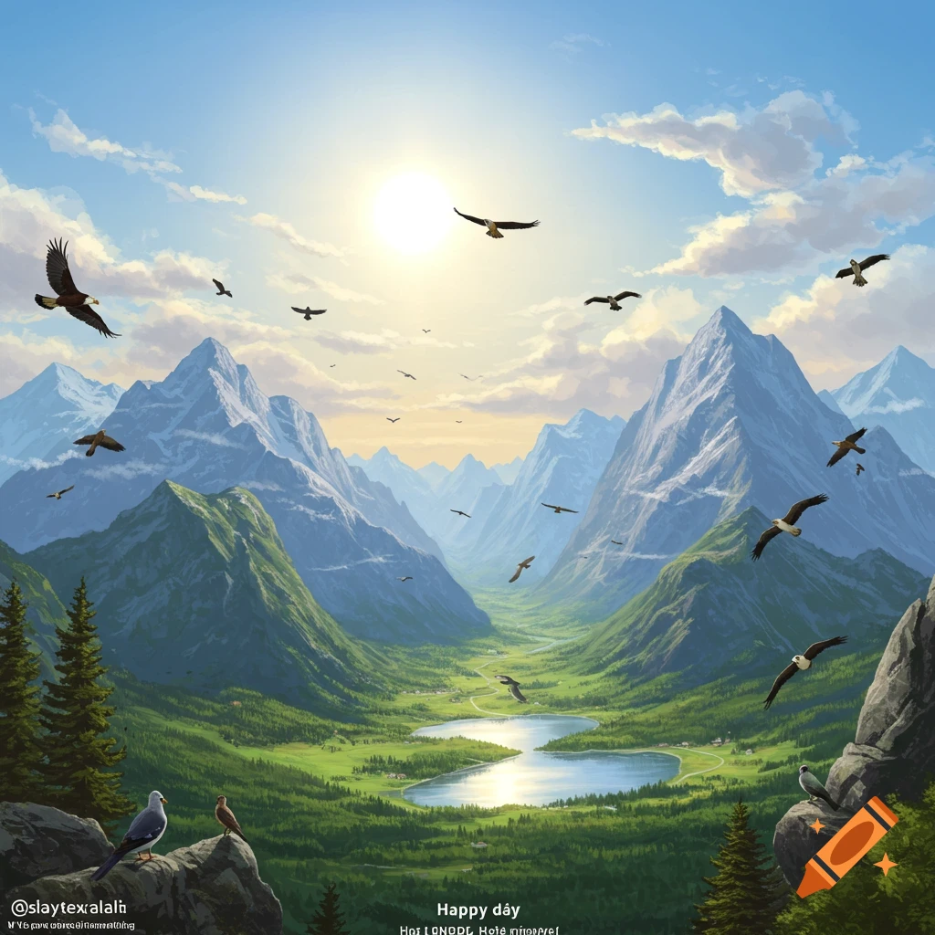 A lush mountain valley with a lake, under a bright sky, with eagles and other birds flying.