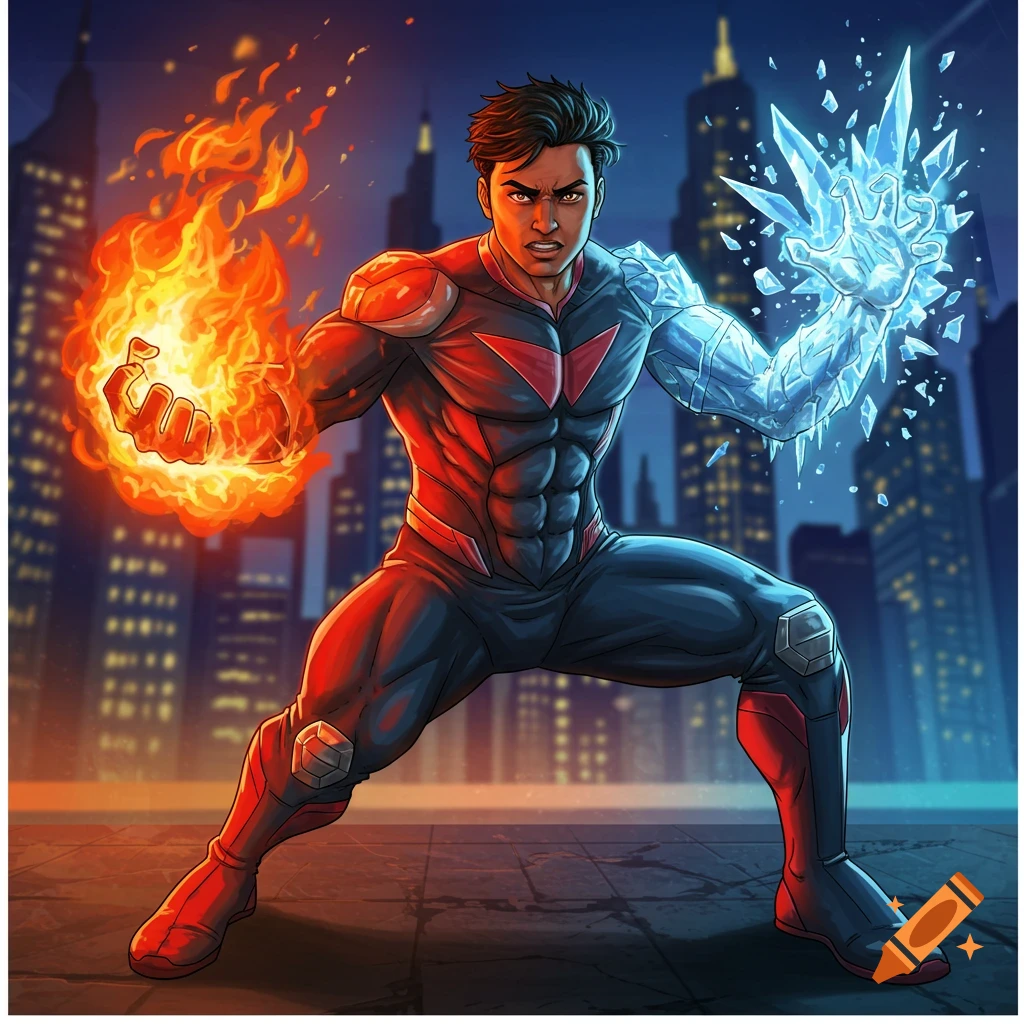 A superhero with fire and ice powers stands in a city at night